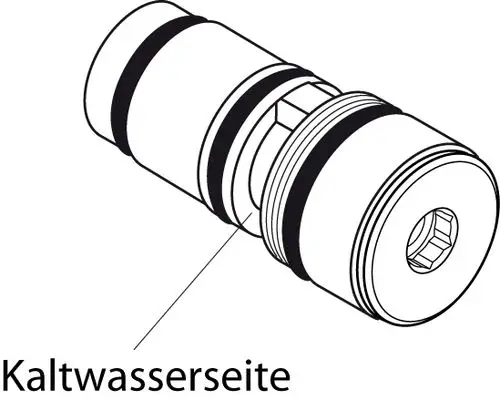 Zeichnung eines Ventils von Ideal Standard, dargestellt in einer schematischen Ansicht mit Kennzeichnung der Kaltwasserseite.